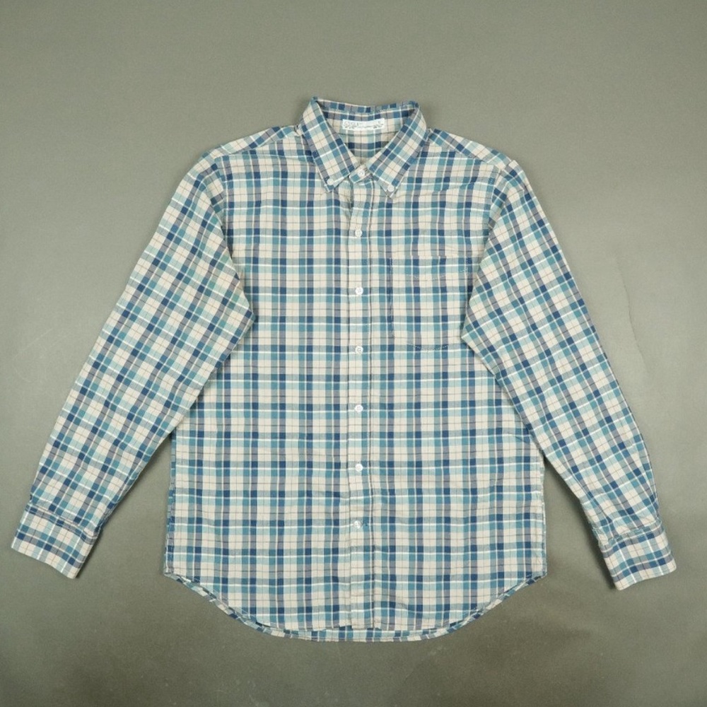 Criquet Plaid Button Down Cotton Sport Shirt in Blue / Cream Size Medium - Picture 3 of 5